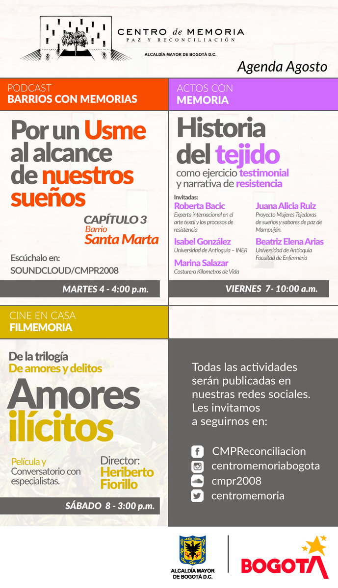 centromemoria's tweet photo. Esta semana les invitamos a escuchar en #BarriosConMemorias sobre construcción de paz territorial en el barrio Santa Marta, en #ActosConMemoria a un encuentro de resistencia a través del tejido y en #FILMemmoria a ver la película 'Amores Ilícitos' y hablar de ella. https://t.co/xh2skA6XUz
