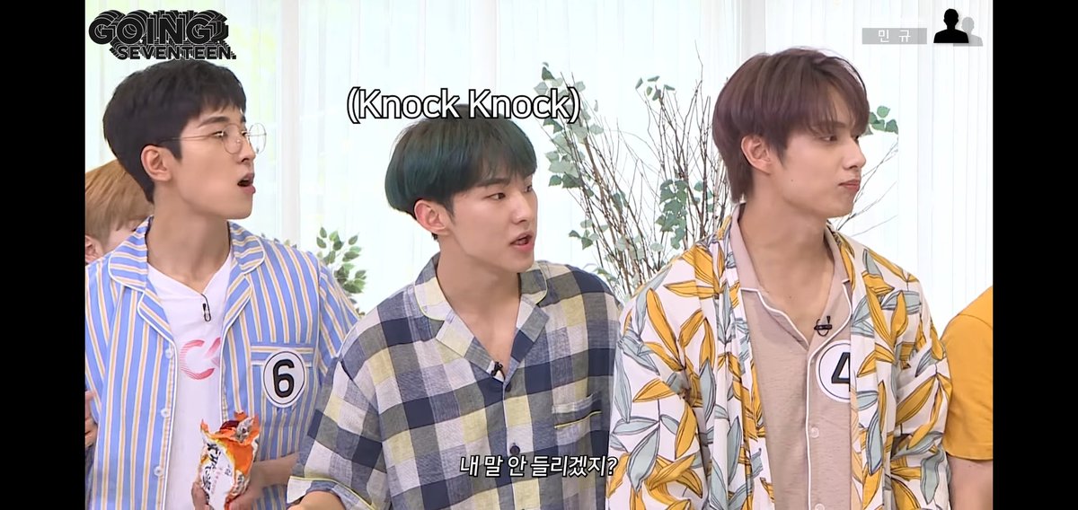 When the shadows started rebelling a bit because they were tired, Hoshi said that since the main person can't "hear" the shadows, they can say whatever. "Knock knock" in Korean is 똑똑 (ddok ddok), which means "smart". #GOING_SVT  #SEVENTEEN  @pledis_17