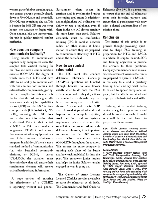 Maneuver TFs and FSC leaders, please see these "Tips for Success" in the latest issue of Army Sustainment from CPT Johnson, S17(ancient) FSC trainer. army.mil/article/237340…

<a href="/OPSGRP_NTC/">Operations Group NTC</a> <a href="/NGoldminers/">NTC_Goldminers</a>