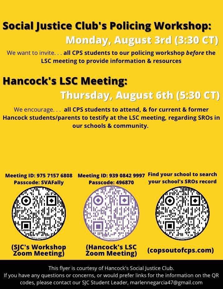 ❗️❗️#CopsOutCPS workshop ❗️❗️
Students at Hancock are hosting a policing workshop TODAY @ 3:30pm for all students where they will be sharing information about #copsoutcps and resources before some LSCs vote in the next couple weeks. Check out the flyer here ⬇️⬇️⬇️