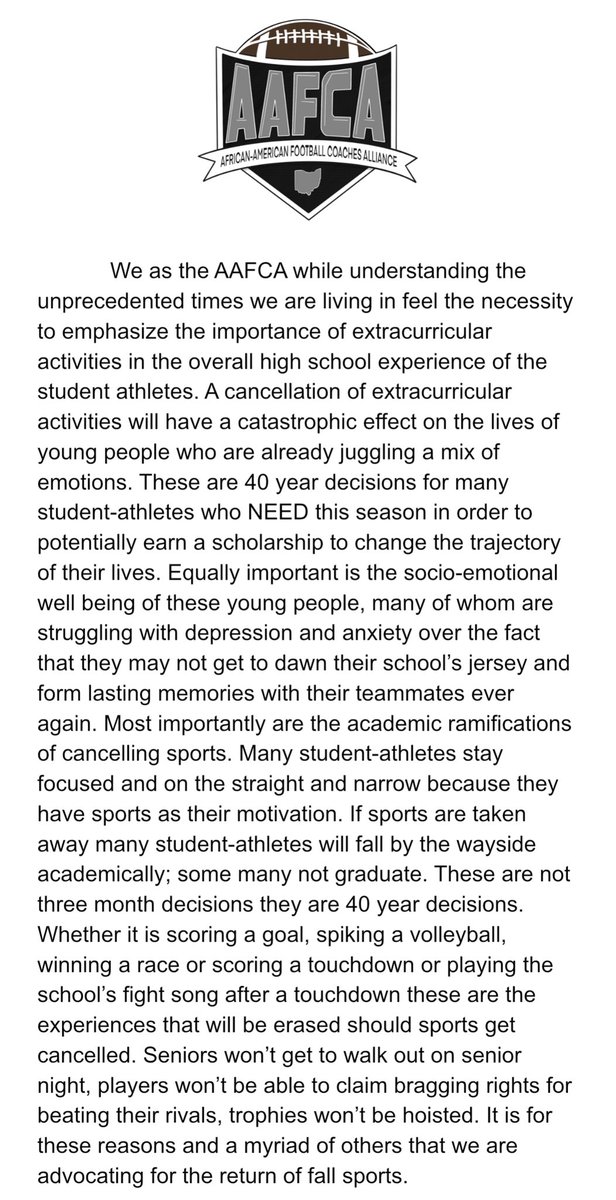 Statement from AAFCA regarding the need to return Fall Sports....<a href="/GovMikeDeWine/">Governor Mike DeWine</a> @LtGovHusted <a href="/OHdeptofhealth/">Ohio Dept of Health</a> @CCBH_net