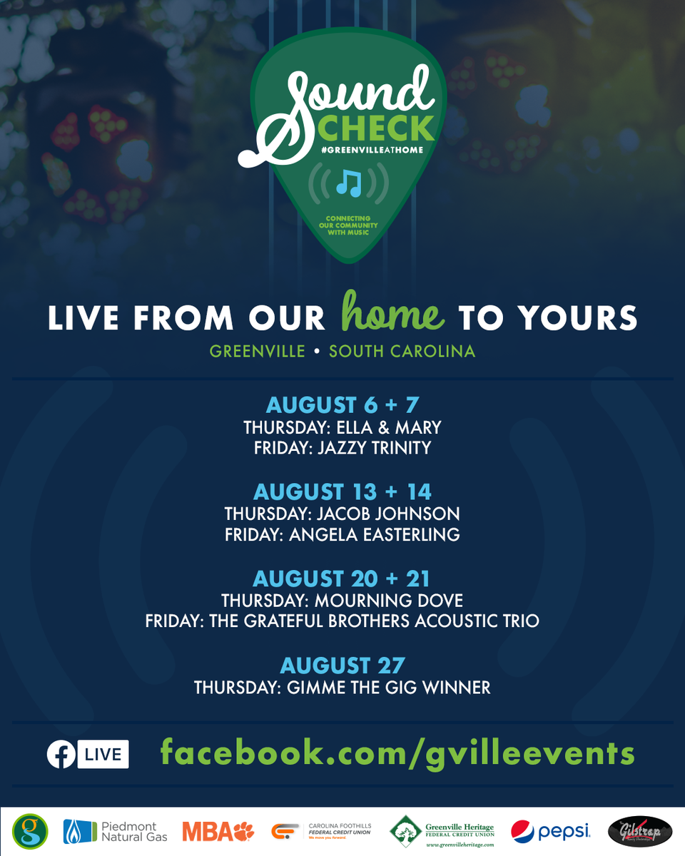 gvilleevents's tweet photo. ๐ถ๐คฉ A new month of music! and the last lineup of our Sound Check virtual concert series on Facebook LIVE.
#TuneInSC: Thursdays + Fridays at 5:30 PM. Happening at https://t.co/KmMOKa72Uq https://t.co/dDuEEs5xTm