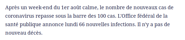 fredericschutz's tweet photo. On est lundi, le jour où les dépêches COVID sont positives: "le nombre de nouveaux cas de coronavirus repasse sous la barre des 100 cas" (ici @keystone_ats dans @LeTemps et @tdg). Et on sait que ça ne veut rien dire, car les chiffres du week-end sont toujours plus bas.  1/ https://t.co/D1guKARUfW