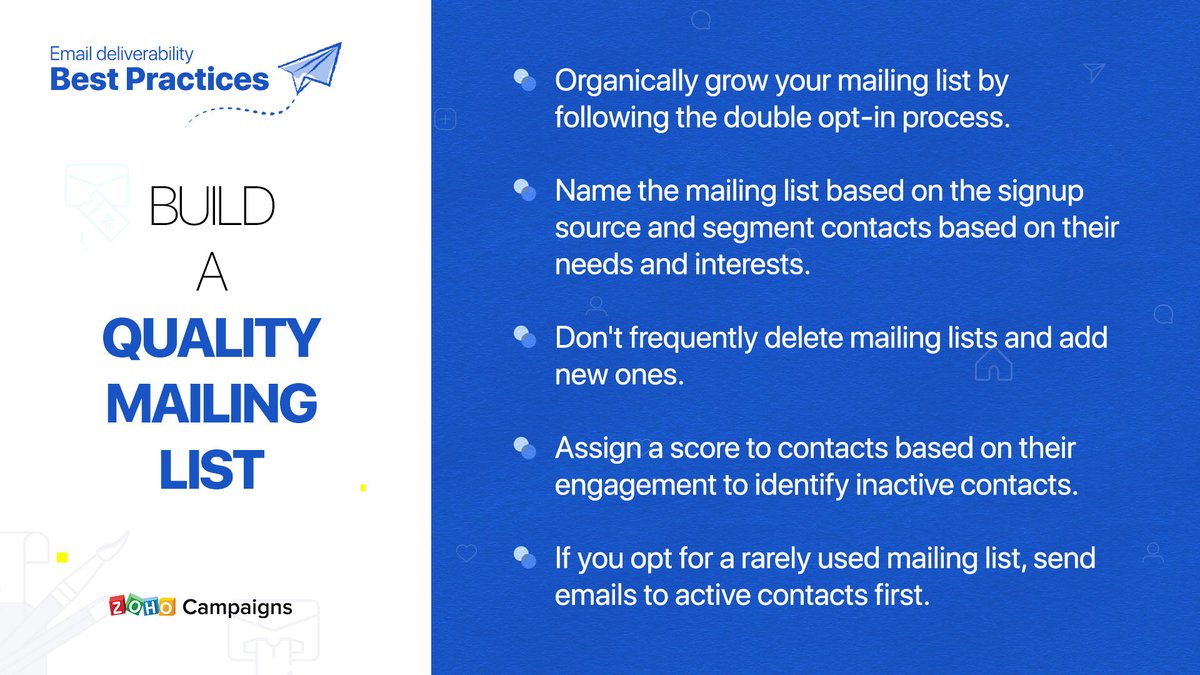 ZohoCampaigns's tweet photo. Mailing lists are an integral part of email marketing. If you’re looking to grow or manage your lists better, it’s time to #LearnWithUs. Here are some mailing list best practices from our #DeliverabilityTips series. https://t.co/GtXB7cn9hF