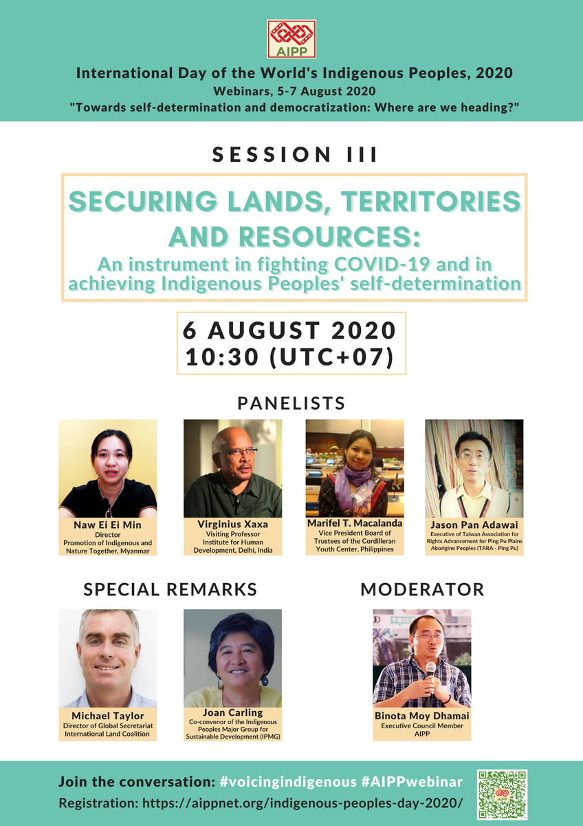 aippnet's tweet photo. Meet the speakers for #AIPPwebinar #voicingindigenous rights in the "Session III: Securing lands, territories &amp; resources: An instrument in fighting COVID-19 &amp; achieving Indigenous Peoples self-determination." Register here: https://t.co/tOvPfCKclw
#IPsDay2020 #SelfDetermination https://t.co/YdQdq03aqB