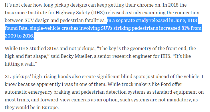 the trend of 6-foot grilles that create massive blind spots and pull people under to be crushed when they are hit is 100 percent a marketing gimmick