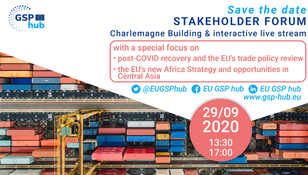 🗓️#SaveTheDate - 29 September 2020
GSP hub will host a Stakeholder Forum to introduce the project&amp;discuss the #GSP's role in a post-#COVID19 recovery and in promoting #SustainableDevelopment in African&amp;Central Asian beneficiaries.
More information&amp;updates👉ec.europa.eu/eusurvey/runne…