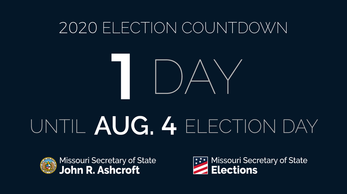 MissouriSOS's tweet photo. The primary is tomorrow! Visit https://t.co/Oc5ZAFQc5p to find contact info for your local election authority or give us a call at 800-669-8683 if you have questions. #TrustedInfo2020 #MOvotes #moleg https://t.co/4xtBEgwQvH