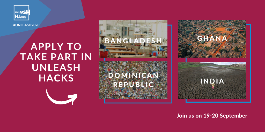 UNLEASHlab's tweet photo. Applications for our #UNLEASH2020 Hacks in Bangladesh, the Dominican Republic, Ghana and India happening September 19-20 are now open! Find all application links at https://t.co/rgJrLjMQru. The applications close on August 23. https://t.co/ZW9rrPF74B