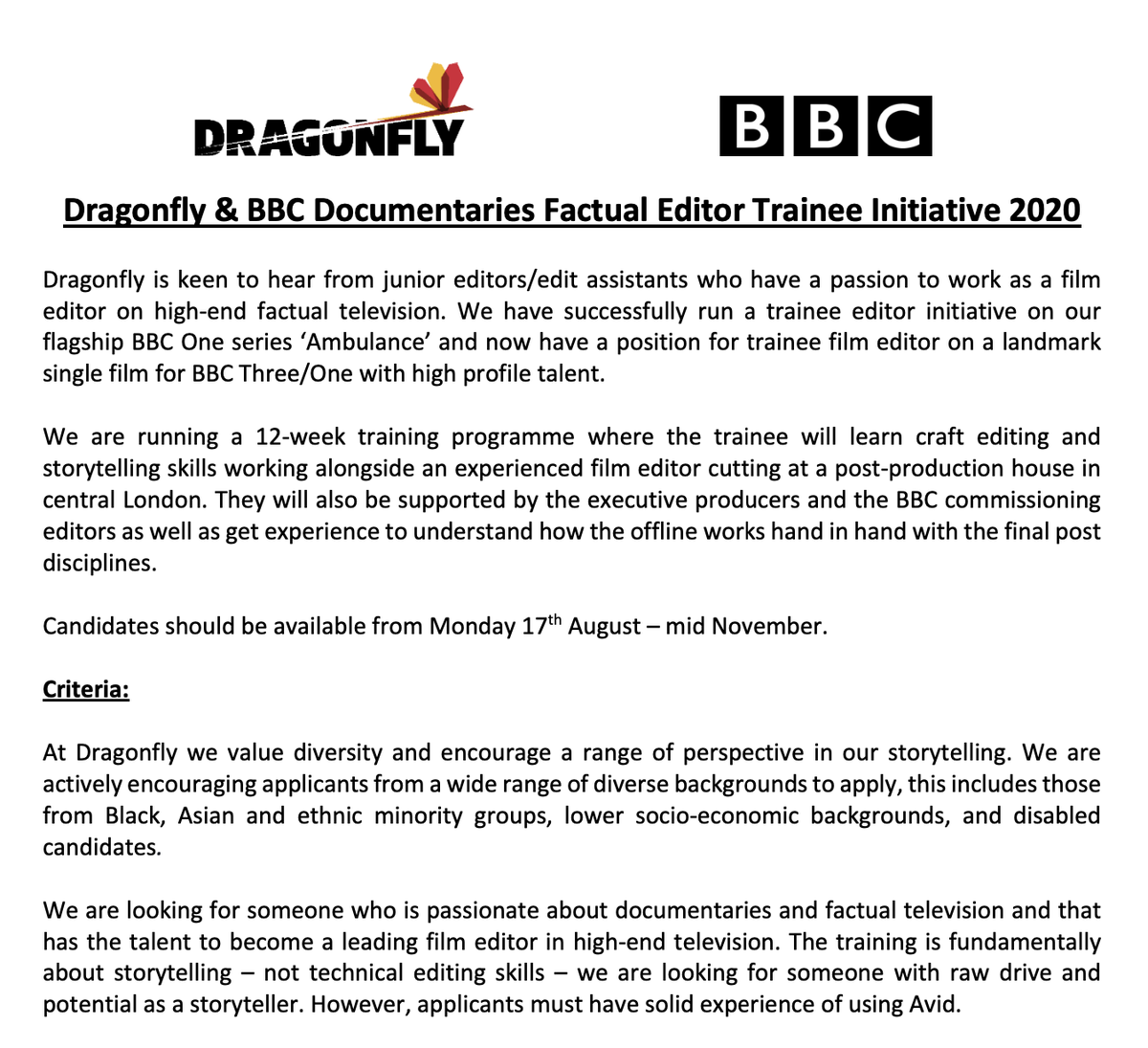 griersontrust's tweet photo. A fantastic opportunity from our friends at @DragonflyFilmTV for aspiring junior editors/edit assistants. Apply by this Friday 7 August 👇 #editortraining #editing #factual https://t.co/wmQwGwBK4j