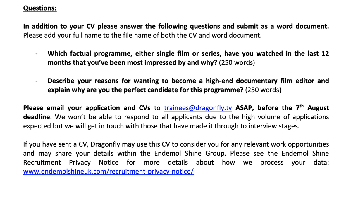 griersontrust's tweet photo. A fantastic opportunity from our friends at @DragonflyFilmTV for aspiring junior editors/edit assistants. Apply by this Friday 7 August 👇 #editortraining #editing #factual https://t.co/wmQwGwBK4j
