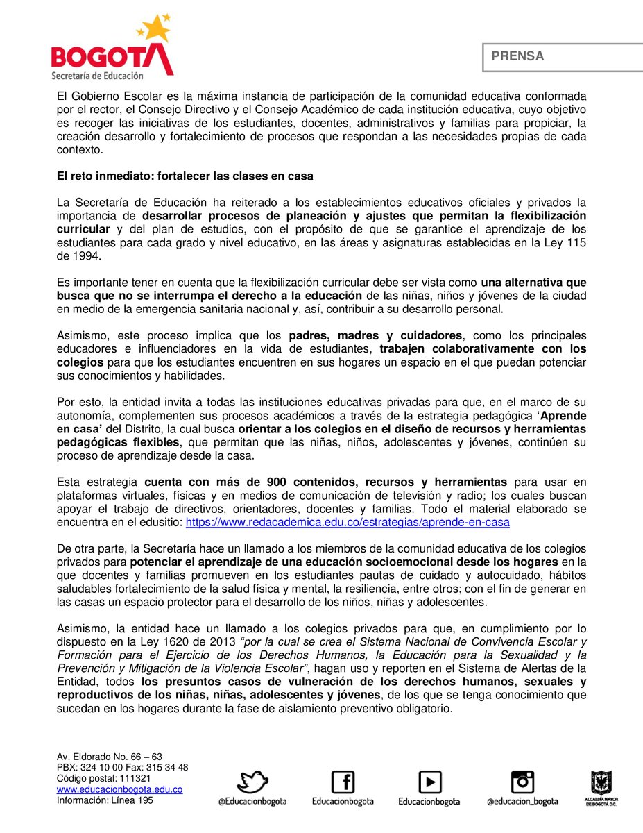 Educacionbogota's tweet photo. ⚠ #Atención ⚠ La Secretaría de Educación decidió que los colegios privados de Bogotá deben continuar clases no presenciales durante agosto, teniendo en cuenta las condiciones actuales de la pandemia y el anuncio del Gobierno de extender la cuarentena hasta el día 30 de este mes https://t.co/3izimLFCQH