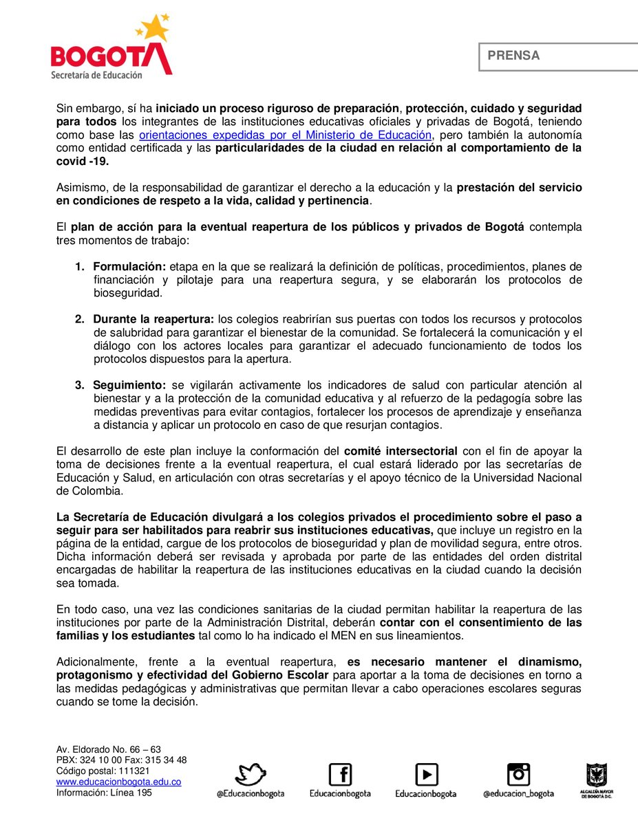Educacionbogota's tweet photo. ⚠ #Atención ⚠ La Secretaría de Educación decidió que los colegios privados de Bogotá deben continuar clases no presenciales durante agosto, teniendo en cuenta las condiciones actuales de la pandemia y el anuncio del Gobierno de extender la cuarentena hasta el día 30 de este mes https://t.co/3izimLFCQH