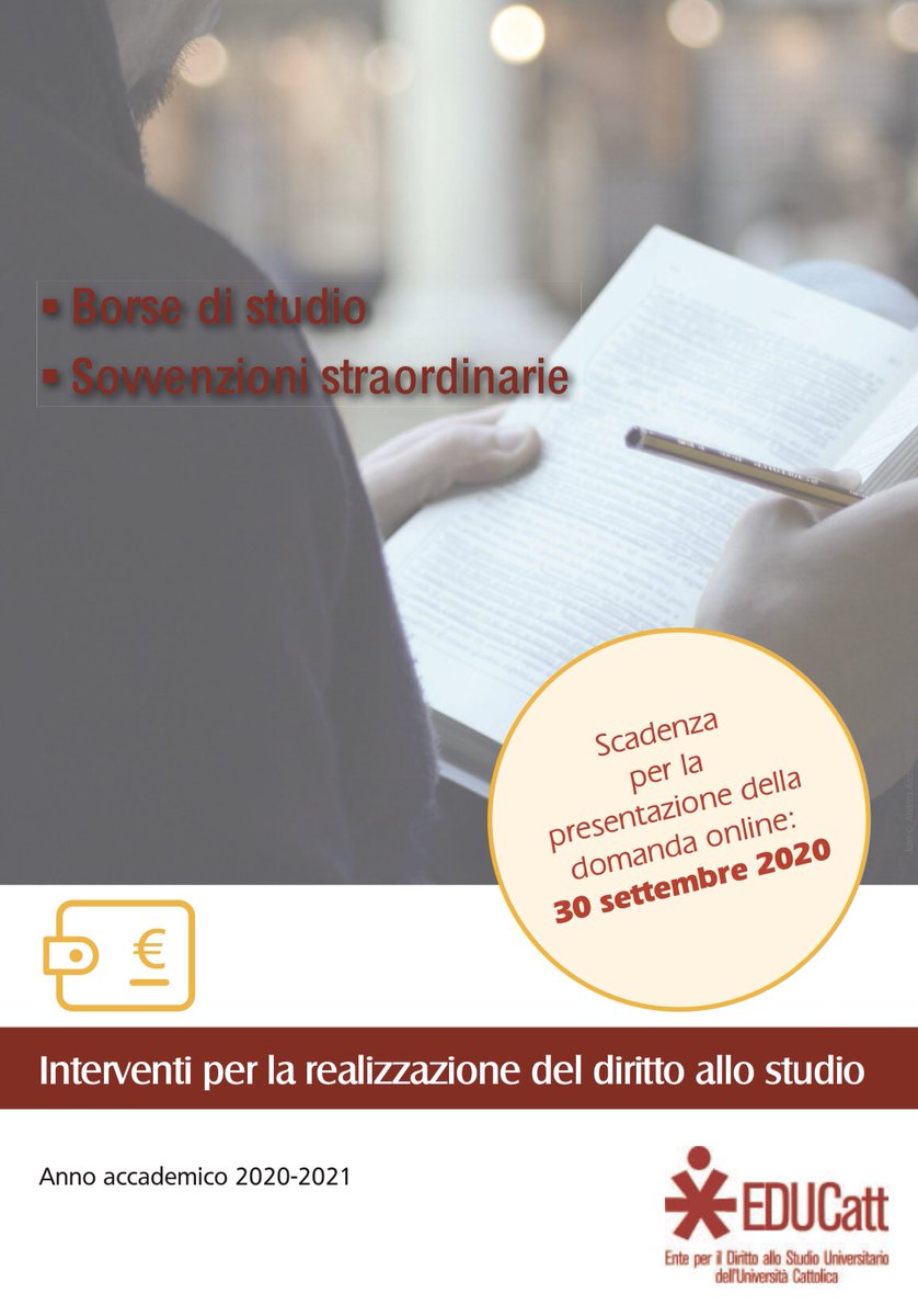 Pubblicato il bando di concorso per le Borse di Studio 2020/2021! Per partecipare è necessario accedere all'area MyEDUCatt.
Info: educatt.unicatt.it/educatt-2919.h…