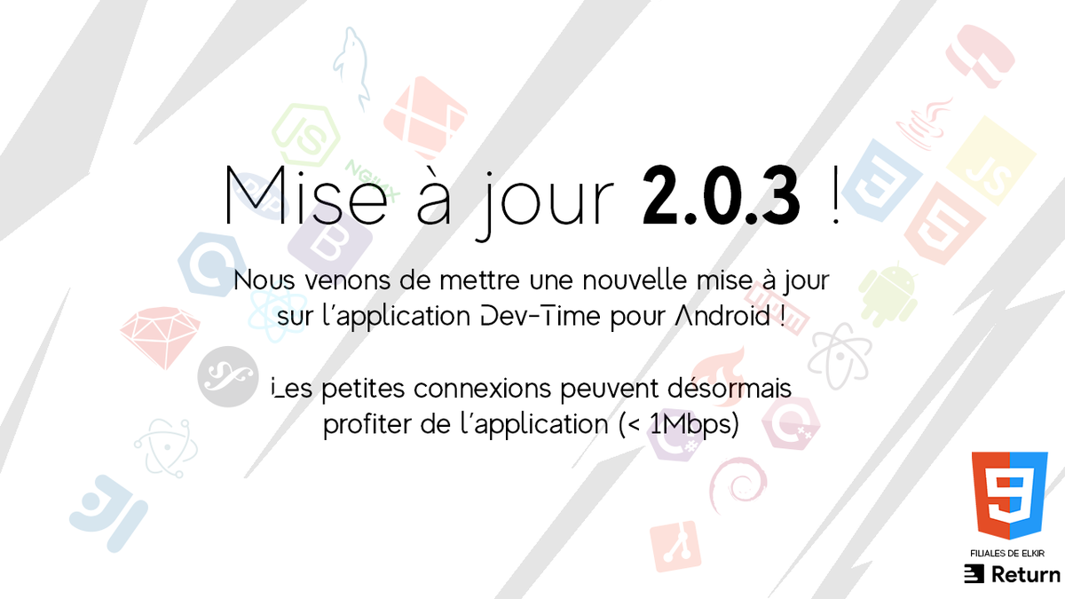 Cybricode's tweet image. Nouvelle mise à jour pour l&apos;application #Android !
Vous avez une petite connexion (inférieure a 1mbps) ?
Vous pouvez désormais profiter de l&apos;application Dev-Time !

#DevTimeEU