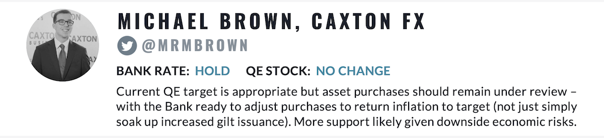  @MrMBrown Current QE target is appropriate but asset purchases should remain under review – with the Bank ready to adjust purchases to return inflation to target (not just simply soak up increased gilt issuance). More support likely given downside economic risks 8/