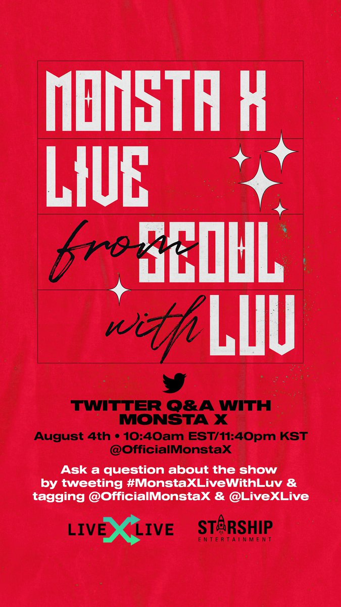 OfficialMONSTAX's tweet image. We're doing a Q&amp;amp;A tomorrow here on our Twitter account to answer your questions about Live From Seoul With Luv show! Tweet questions using #MonstaXLiveWithLuv &amp;amp; Tag @OfficialMonstaX &amp;amp; @LiveXLive Tomorrow starting at 10:40am EST/11:40pm KST!

#MONSTAX #MONSTA_X #몬스타엑스