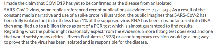 Quote, "I made the claim that COVID19 has yet to be confirmed as the disease from an isolatedSARS-CoV-2 virus, some replies referenced recent publications as evidence. [1][2][3][4][5]"