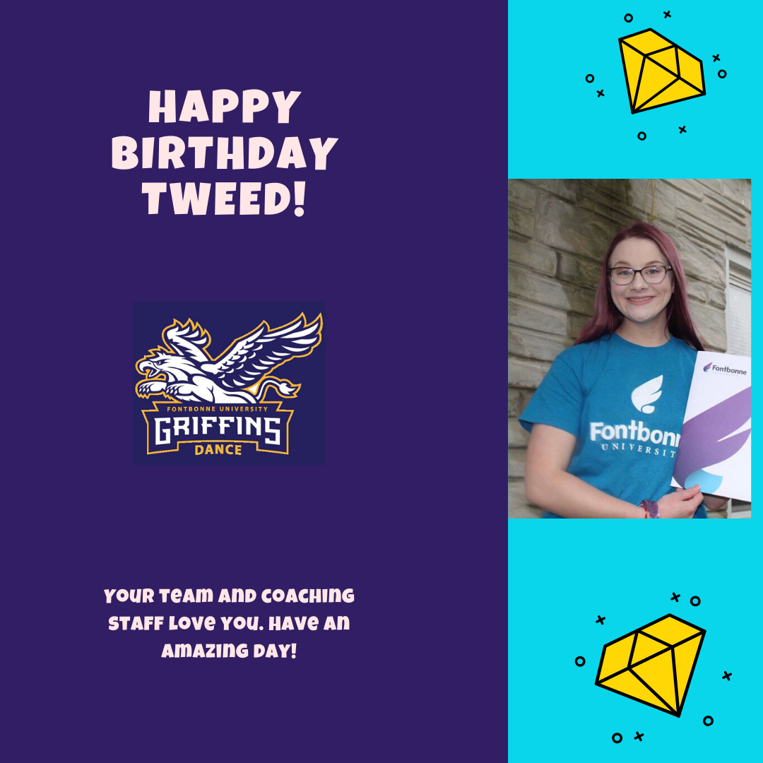 FBUDanceTeam's tweet photo. Happy 18th Birthday to freshman dancer, Tweed! Only 2 more weeks until we get to see you in person! Celebrate 🎉 and have a blast today! 💛💜 #fbugoldenline #fbugoldenlinebirthday https://t.co/3AyzCJSjSy