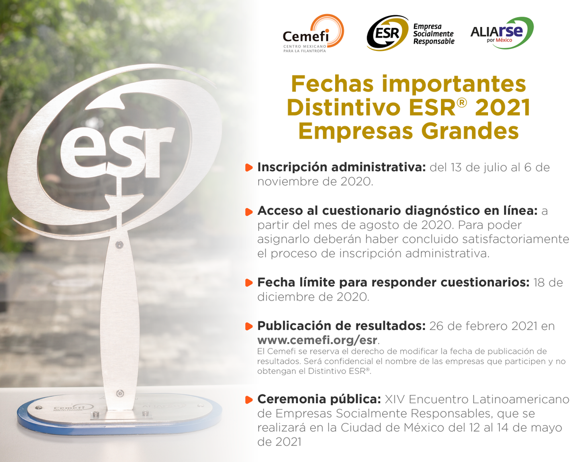 Cemefi_RSE's tweet image. Fechas importantes Distintivo ESR® 2021
Empresas Grandes

@CemefInforma @cceirapuato @AccionarseAC @FECHAC  @FESAC @FEYAC_MERIDA