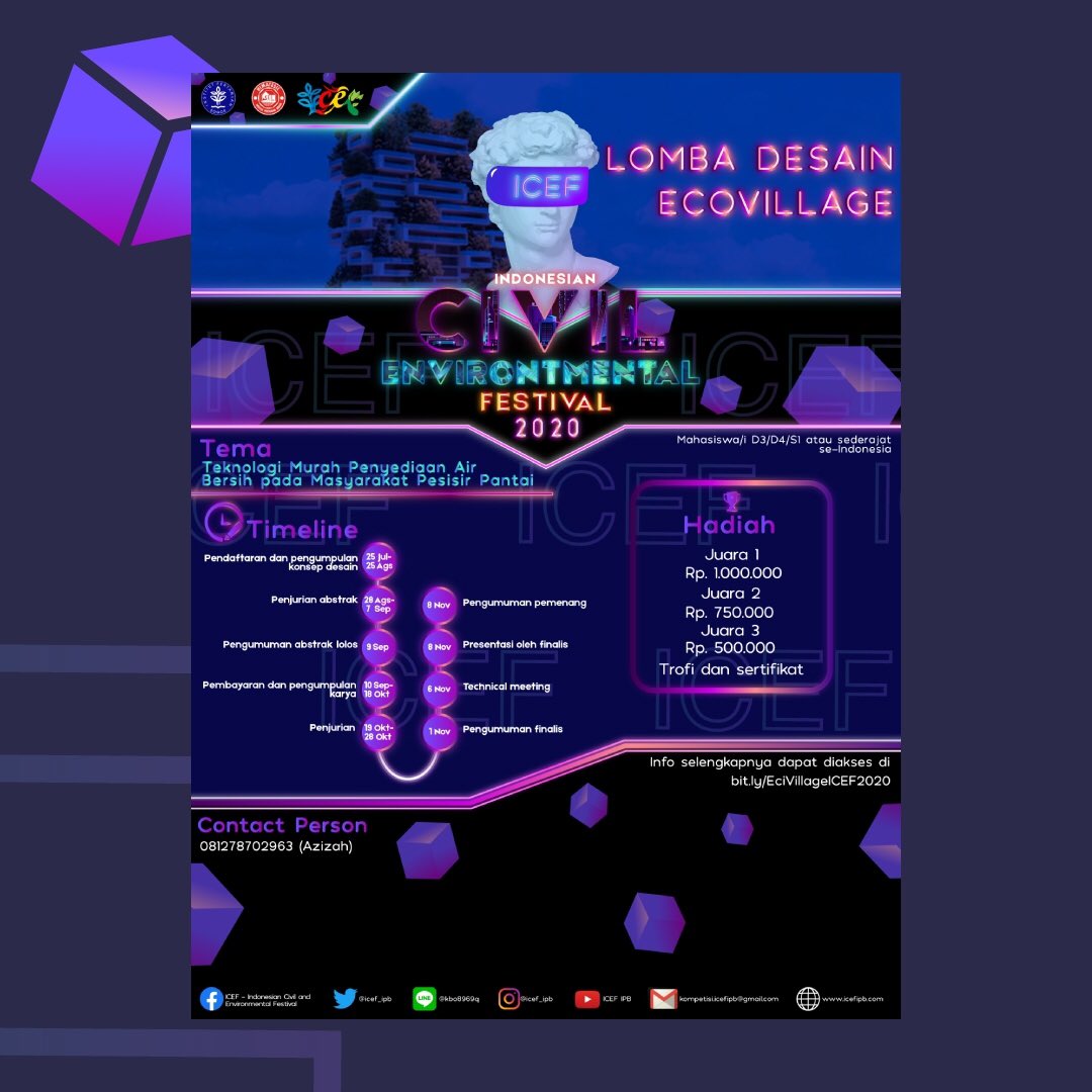 Pendaftaran perlombaan ICEF 2020 resmi dibuka. Panduan lomba dapat diakses melalui bit.ly pada poster
Line@ : @444tqtlo
#ICEF2020 #SILIPB #Civil #Environmental #Engineering #AcaraIPB #LombaSipil #InfoLomba # LombaMahasiswa #TeknikSipil #TeknikLingkungan