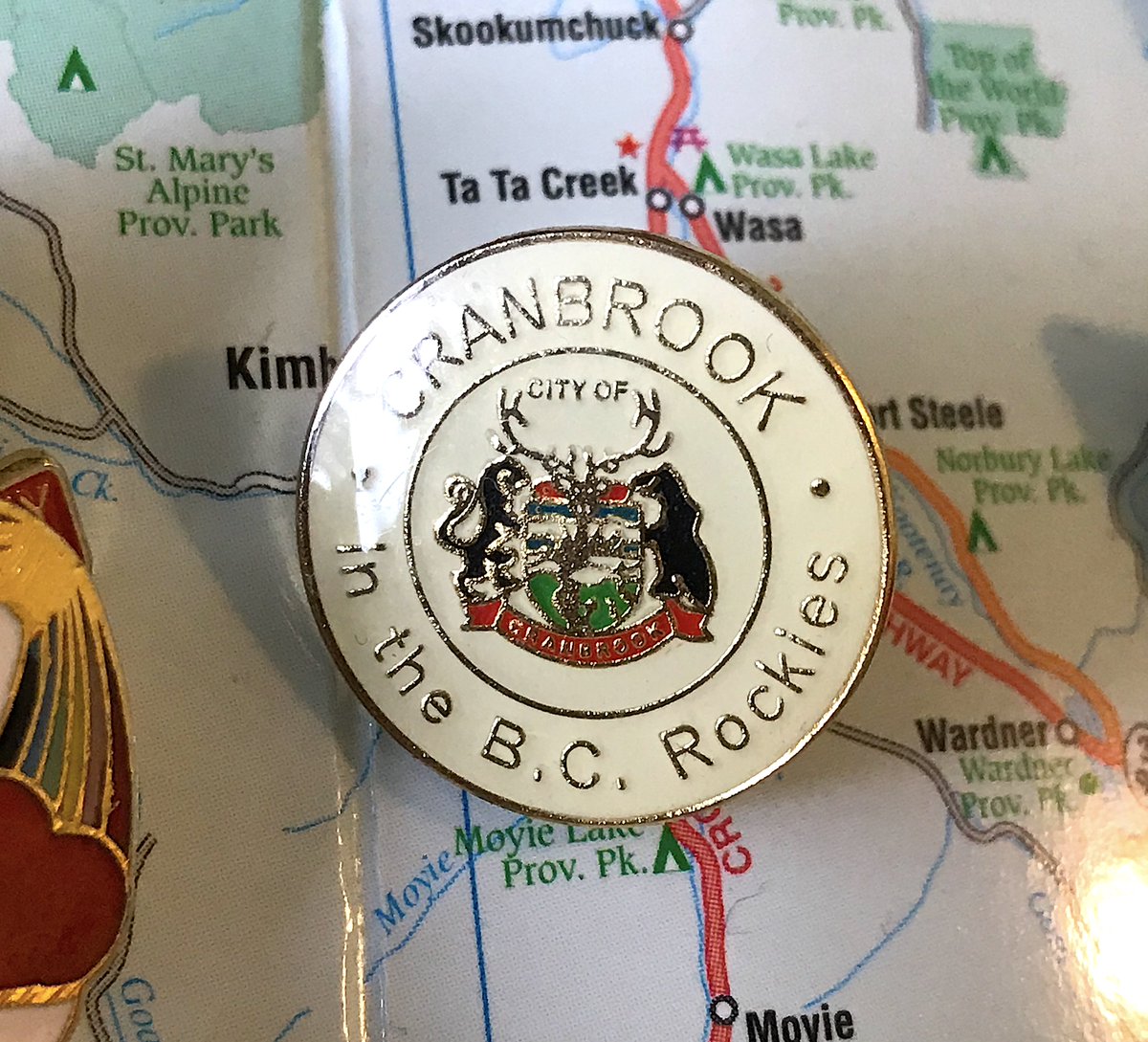 161. CRANBROOK- everyone knows you're in the rockies- crests make for bad pins; they make for even worse pins when they're crammed in a tiny circle- dated colour scheme is not helping