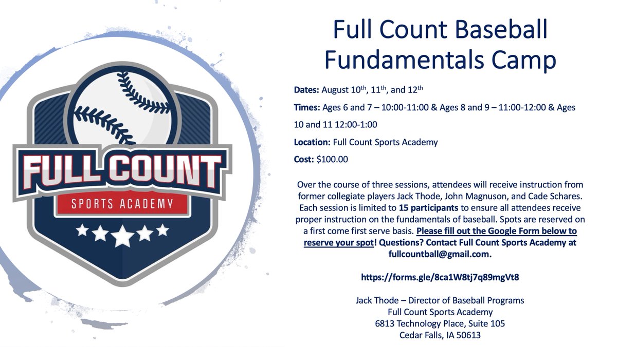 FullCount_Ball's tweet photo. We are excited to announce our second baseball camp of the fall! Our youth fundamentals camp will run from Aug. 10-13 for ages 6-11 #FullCountBSB
https://t.co/KZPpRQjThR https://t.co/MfT1WYyaCm