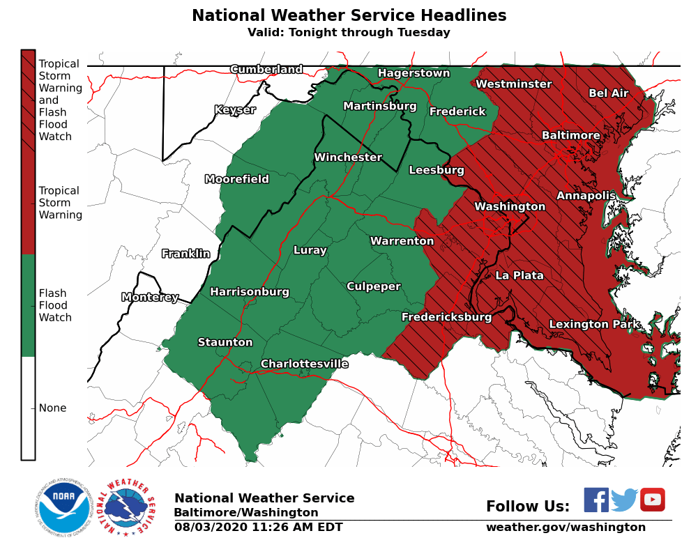 NWS_BaltWash's tweet photo. A Tropical Storm Warning is now in effect for much of central and southern MD, DC, as well as portions of northeastern VA along the I-95 corridor. Flooding rain, wind damage, and tidal flooding are all threats to the area. See https://t.co/NrmMNLJviC for further details. https://t.co/6PFGukknRh