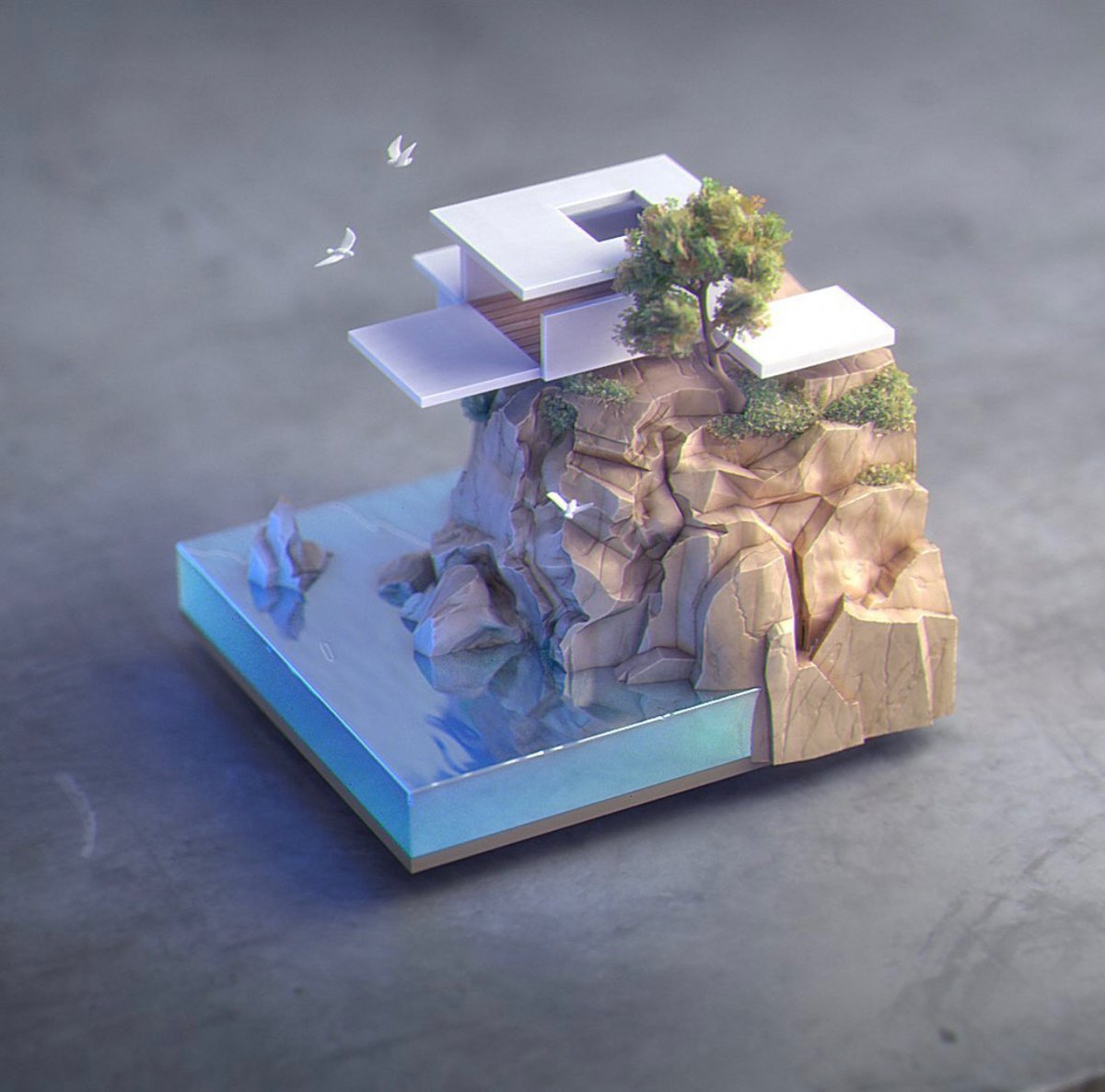 3d rendering of a building on a cliff with water.