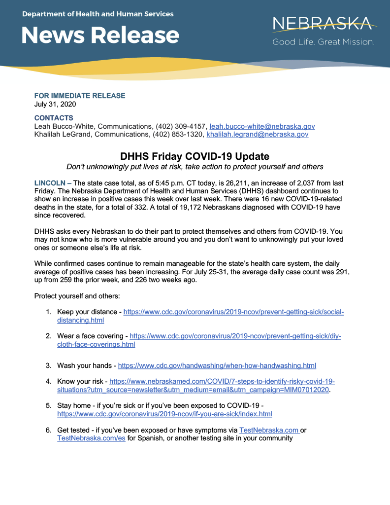 Nebraska Dhhs Dhhs News Release Dhhs Friday Covid 19 Update Don T Unknowingly Put Lives At Risk Take Action To Protect Yourself And Others For More Information Read The News Release Online