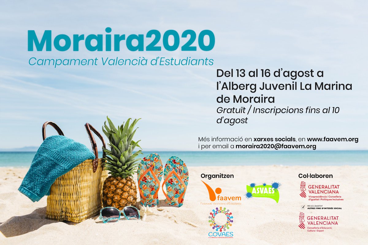 🧡📢 Arriba Moraira2020: Campament Valencià d'Estudiants, del 13 al 16 d'agost. En la trobada aprendràs sobre educació a més de passar-t'ho genial en les activitats d'oci i conéixer gent.