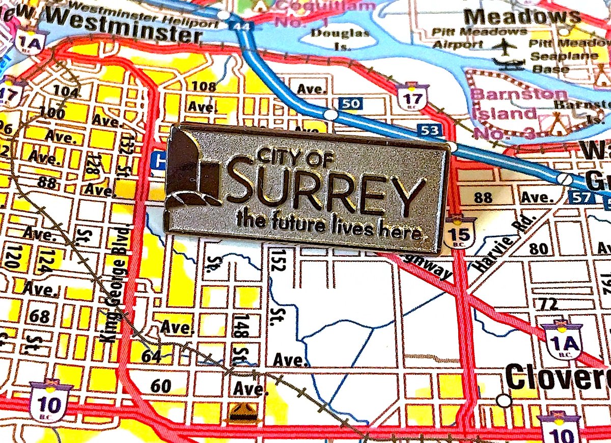 152. SURREY - the future lives here, and is boring- again, if you want people to have a business card, just give them a business card- honestly sad i didn't come across any old pins with a beaver