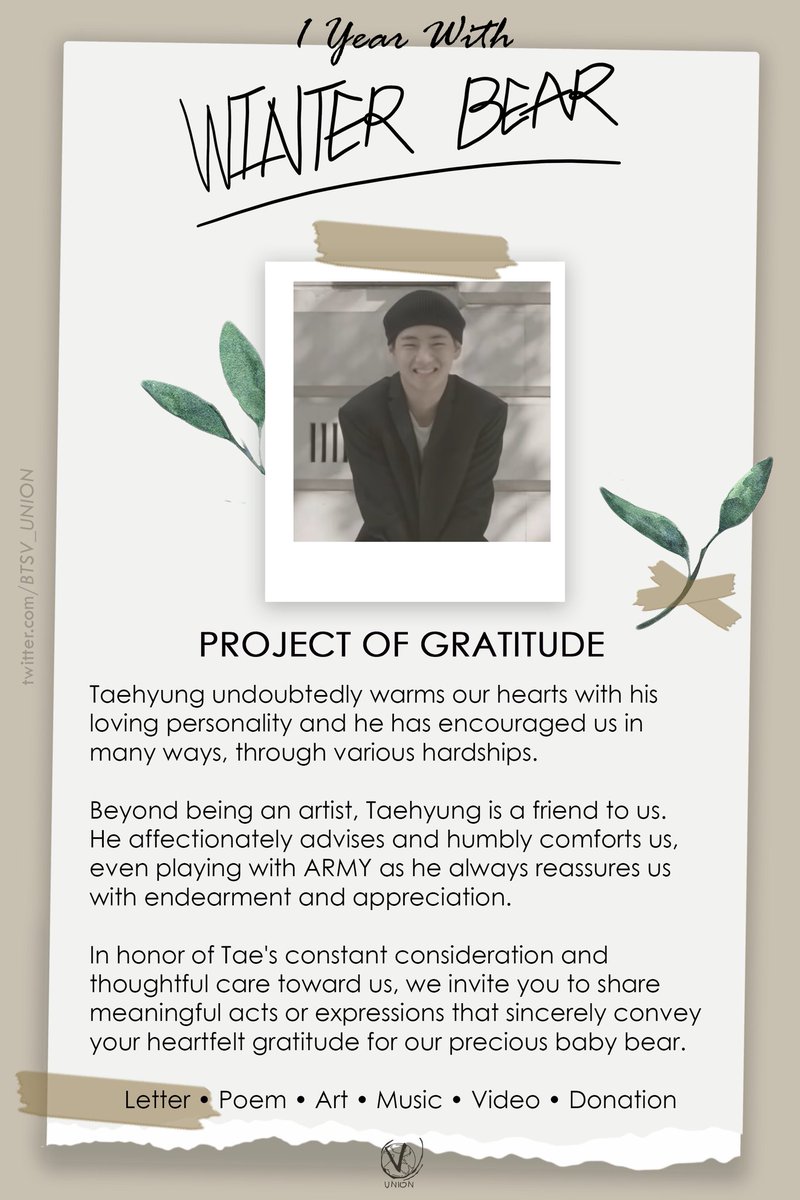 BTSV_UNION's tweet photo. 📣 Project of Gratitude

Taehyung created 'Winter Bear' during an intense schedule as a gift for ARMY before #BTS went on break. Let's proudly celebrate the first anniversary in honor of his genius masterpiece. How will you show your sincere appreciation?

↓10 August, 12am KST↓ https://t.co/NcIiACAXM3