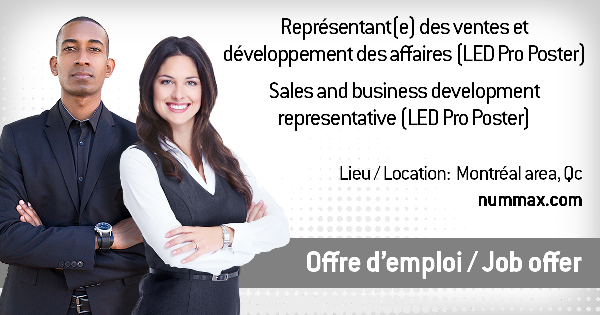 NummaxDisplay's tweet photo. Une offre d'emploi @Nummax, pour en savoir plus: https://t.co/xNJ9M4JMxA
A new @Nummax job offer, learn more: https://t.co/9m2EkSsGIN

#business #sales #joboffer #offredemploi #canada #opportunité #opportunity #humanresources #careers #carrière #montréal #businessdevelopment #led https://t.co/w3a7YHGPUb