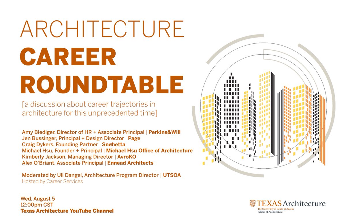 UTSOA's tweet photo. Join us this Wednesday at noon for an architecture career round table featuring @perkinswill, @PageThink, @snohetta, #MichaelHsu, #Avroko, and #EnneadArchitects. Livestreamed on YouTube. Subscribe and follow along! https://t.co/AaSn4oQk68 https://t.co/jLYvh6SCqD