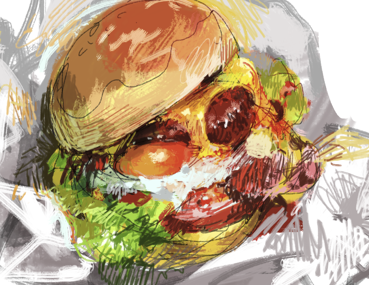 「荒ぶるハンバーガー描こうとして荒ぶりすぎて制御できませんでした 」|８９３９のイラスト