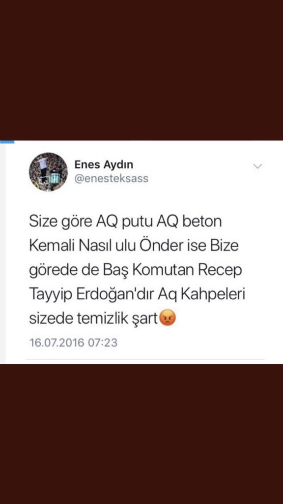 Atatürk'ü sevmek zorunda değilsiniz ama saygı duymak zorundasınız. Atatürk'e saygısı olmayan <a href="/enessaydn16/">Enes Aydın</a> hakettiği cezayı çekmeli! <a href="/EmniyetGM/">Türk Polis Teşkilatı</a> <a href="/suleymansoylu/">Süleyman Soylu</a>

#EnesAydınTutuklansın