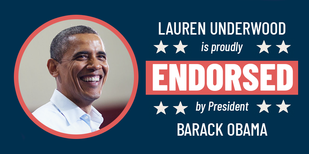 LaurenUnderwood's tweet photo. I was an intern for then-Senator @BarackObama. Today, I’m the youngest Black woman to ever serve in Congress. I’m thrilled to have earned the endorsement of President Obama in my reelection campaign. 

Join us! 👉🏿https://t.co/3cgUG1zW6o https://t.co/vCC5xlXY3C