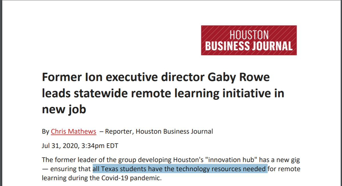 GHPartnership's tweet photo. .@Gabriella_Rowe is tapping into her expertise in education and innovation in her new role as project lead for #OperationConnectivity to ensure all students in Texas have the technology they need for #remotelearning. Read more: https://t.co/laPGxNEsZp https://t.co/y43vH9iJqk