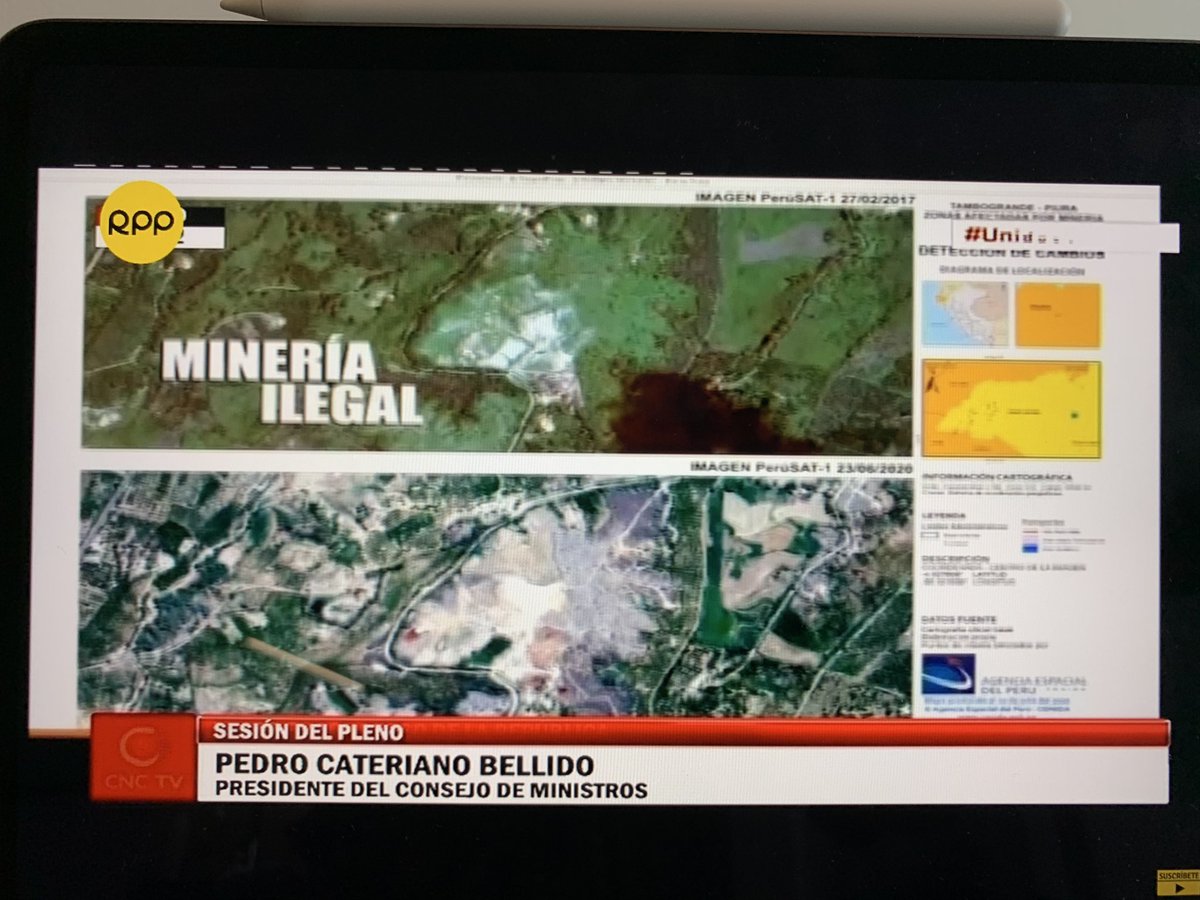 Techtulia's tweet photo. @PCaterianoB muestra imágenes del satélite #PeruSat para mostrar daños ecológicos de la minería ilegal... Mmm... El satélite si era útil. https://t.co/945JX0SZE5