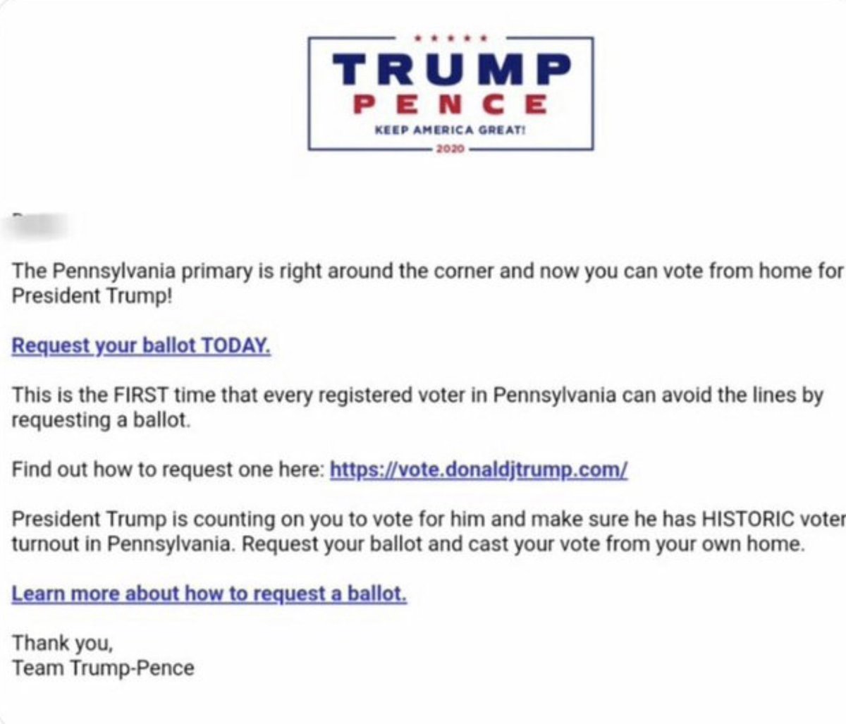 Trump’s campaign is sending out nifty easy way to request your mail-in ballot. Wisconsin is sending out applications to Democrats & Republicans.PA got a email with links, calling it vote from home.Regardless of the way we vote it will be historic, so many you can’t cheat.