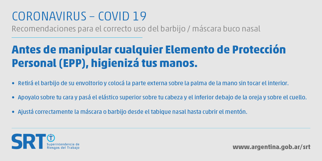 SRTArgentina's tweet photo. Recomendaciones para el correcto uso del barbijo/máscara buco nasal

#ArgentinaUnida #CuidarteEsCuidarnos #Prevencion #COVID19 #CoronavirusArgentina https://t.co/ExnGSFJRuO