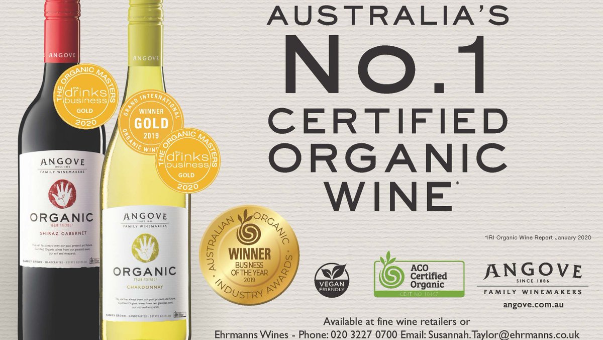 Congratulations to @AngoveWine  for top medals at the Global #Organic Masters 2020, organised by the Drinks Business <a href="/teamdb/">The Drinks Business</a> 

🥇 Organic Chardonnay 2019 – GOLD
🥇 Organic Shiraz/Cabernet Sauvignon 2019 – GOLD 

Australia's no.1 Certified Organic #wine available now #organicwine
