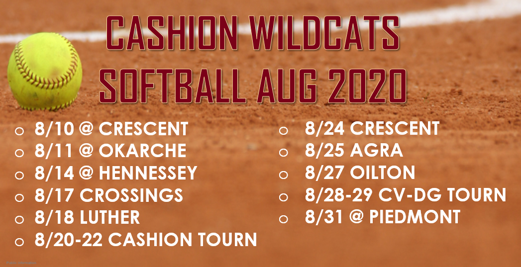 You want some Cashion sports? Coach Chambers 2020 squad will be starting off 8/10 @ Crescent.

With 5 home games and of course the Cashion Tournament 8/20-22 there will be plenty of local opportunities to cheer on the Cats.

Get your calendar squared away and support our girls!