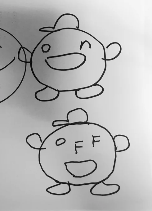 去年の帰省中広告の裏にうろ覚えonちゃん描いたらいつのまにか父親がoffちゃん(?)描き足してたときの写真出てきた 