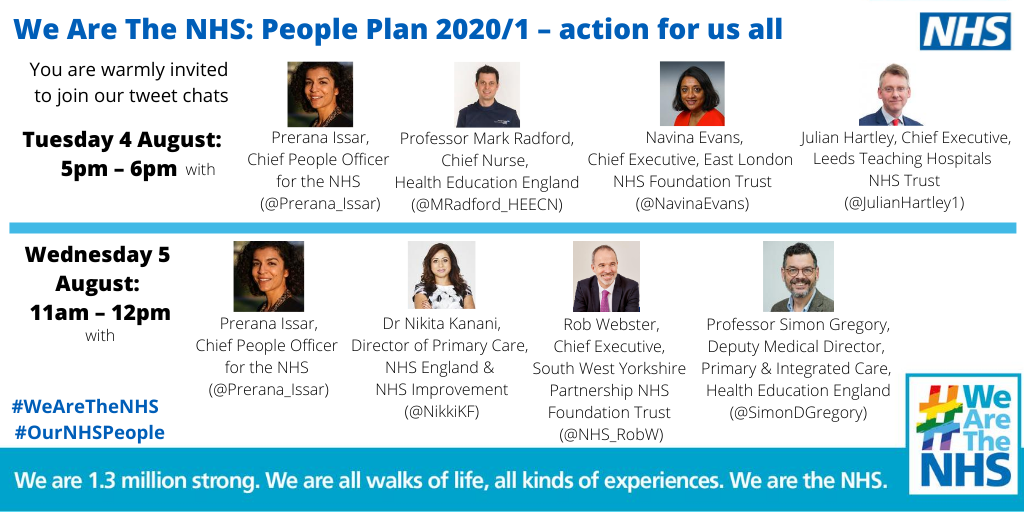 HorizonsNHS's tweet photo. There's a brilliant panel for the tweet chats tomorrow &amp; Wednesday. We hope you can join on either day to discuss how we can use the ambitions set out in our #nhspeopleplan to make real and lasting change and keep #OurNHSPeople at the heart of everything we do. #WeAreTheNHS #NHS https://t.co/fc6J04WaoI