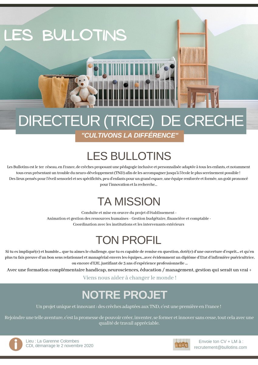 LesBullotins's tweet image. Nous cherchons notre directeur/directrice de crèche, profil infirmière-puéricultrice, #EJE ou #médecin ! Ouverture de notre crèche inclusive le 2 novembre 2020 à @Lagarenne ! Partagez à votre entourage ! #92 #emploi #CDI #crèche #directeur #directrice #IP #pédiatre #novembre2020
