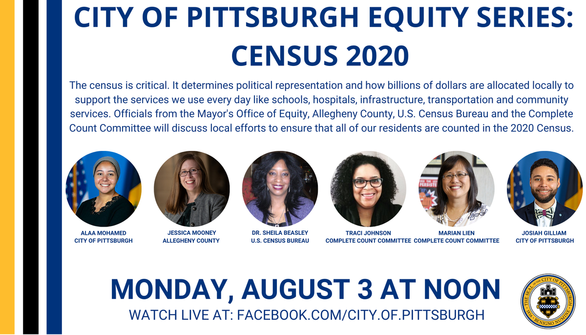 Pittsburgh's tweet photo. LIVE: Join @TheNextPGH's Office of Equity, @Allegheny_Co, @uscensusbureau and Complete Count Committee officials as they discuss equity and the 2020 census and why it's important that all of our neighbors #BeCounted2020.
Watch: https://t.co/6zxiFHRfd4 https://t.co/CTFdDb82pw