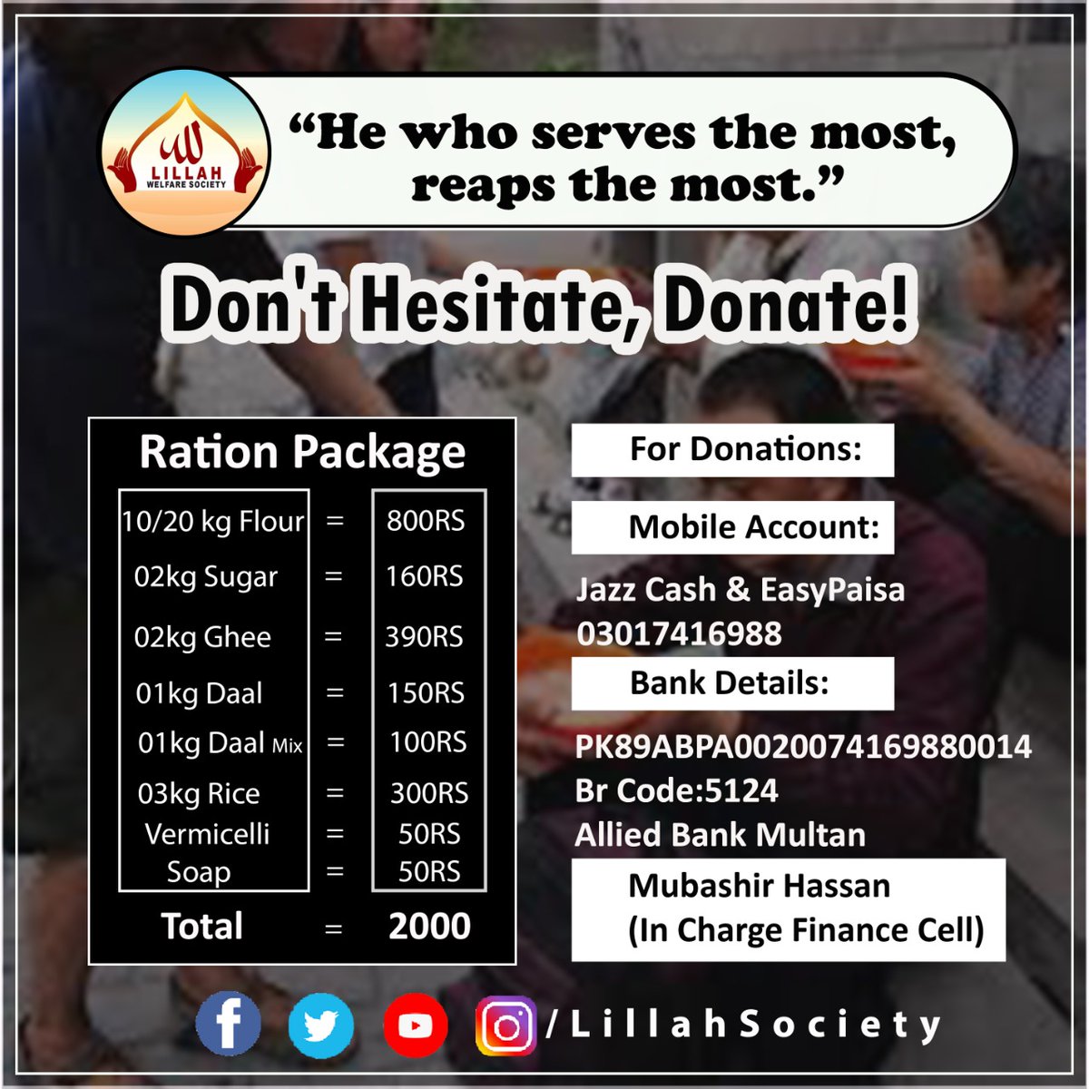 LillahSociety's tweet photo. By the courtesy of ALLAH and support of our team we are going to hold our next #RATION_DRIVE. For this,we require your notable #participation.Come forward and donate as much as you can to help the needy.Your #contributions will be highly appreciated.
Regards:
#LILLAH https://t.co/ZvvAZ9yoFC