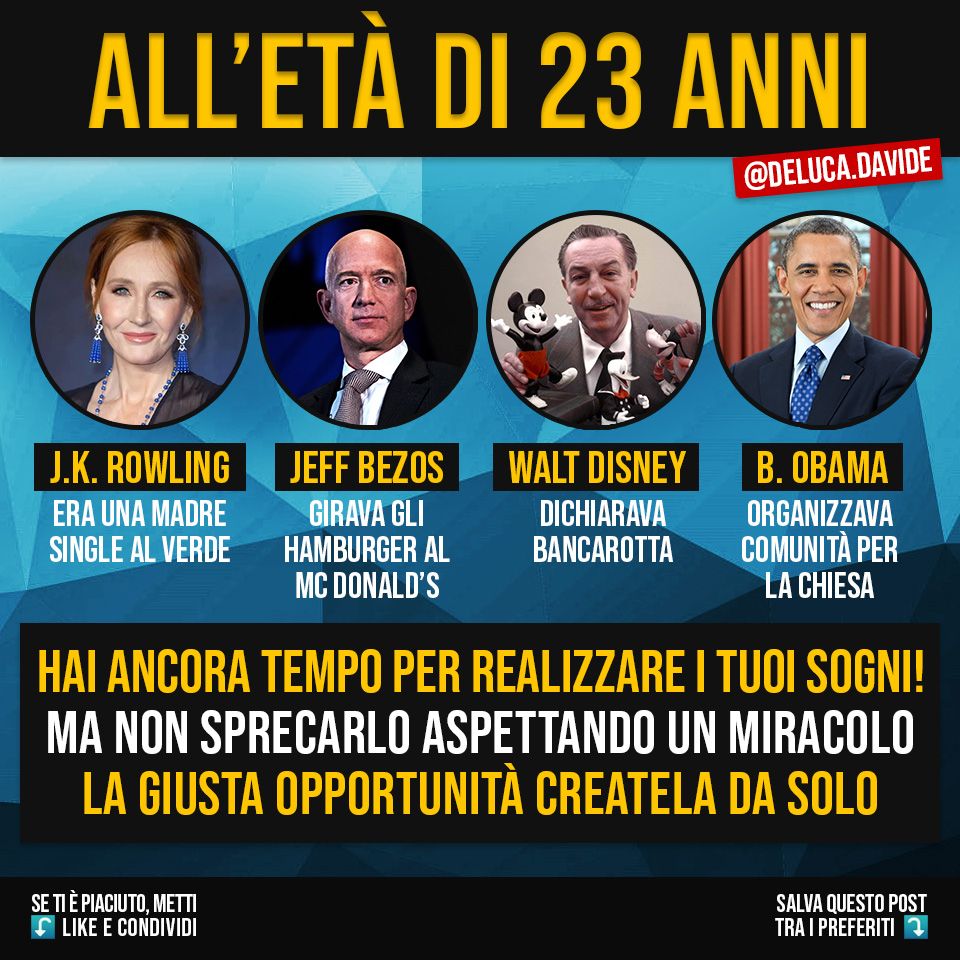 🎯 Non è mai troppo tardi per dare vita ai propri sogni, ma non fare l’errore di aspettare l’occasione perfetta, perché quasi sempre non arriva. 
🚀 Lanciati, mettiti in gioco ed impegnati a dare vita al tuo progetto giorno dopo giorno!
#focusonyourdreams #digitalcreators